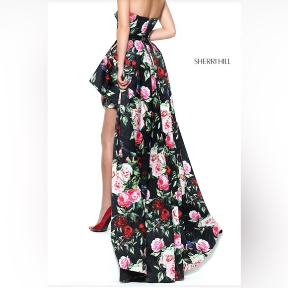 Sherri Hill Black Dress  with Red and Pink Floral Design - Picture 2 of 12